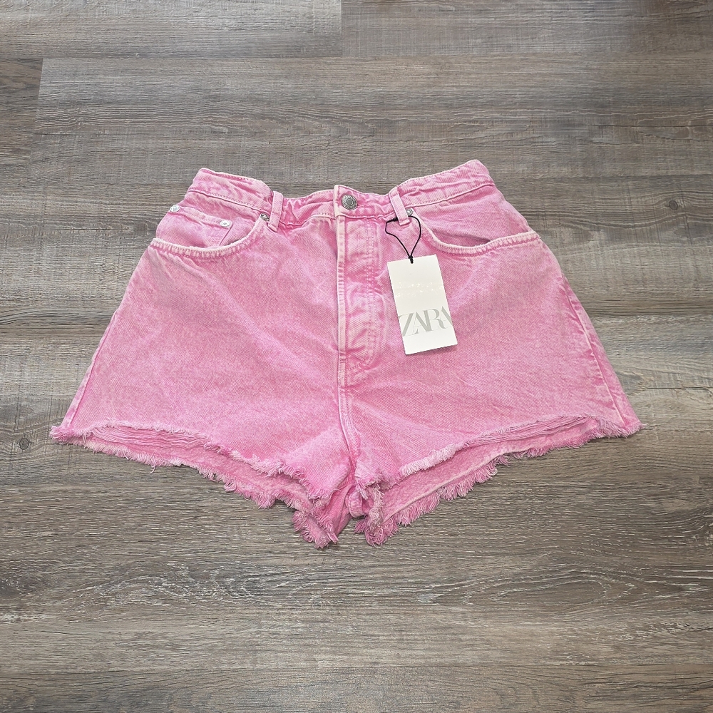 NWT Zara Hot pink acid wash distressed fringe button fly demin Size 12